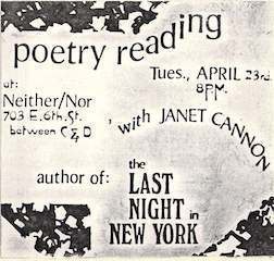 Janet Cannon Poetry Reading, Neither:Nor, New York City, NY, circa 1985